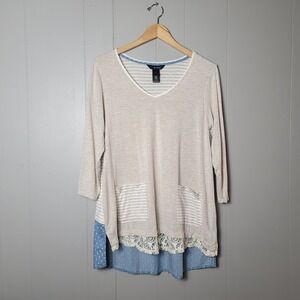 ALI MILES CREAM STRIPED PULLOVER TUNIC LAYERED HEM POCKETS WOMENS SIZE MEDIUM